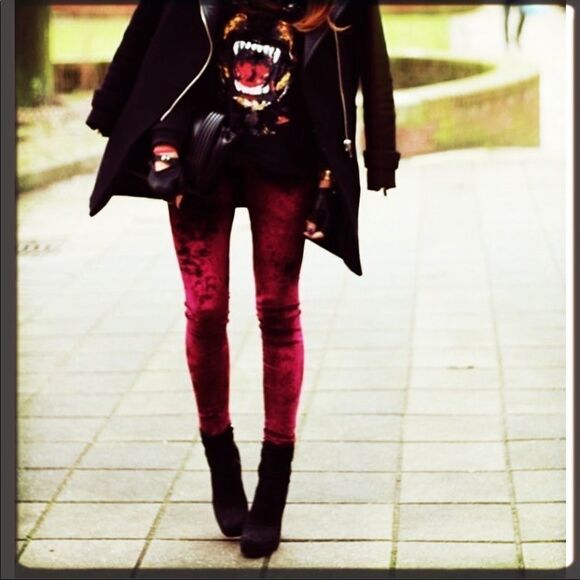 Crushed VELVET Leggings in Burgundy WINE - Picture 1 of 4